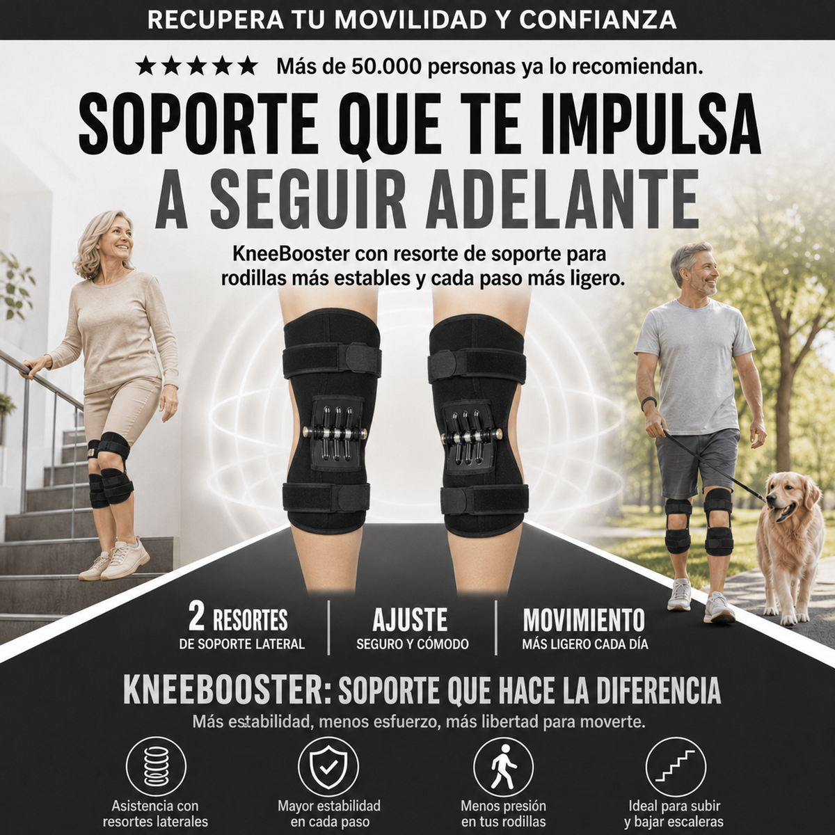 Rodillera KneeBooster con Resorte de Soporte – Alivio Instantáneo para Subir y Bajar Escaleras