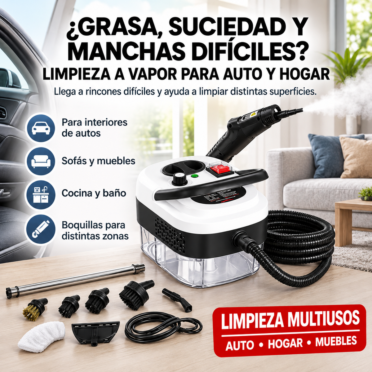 Limpiadora de Vapor Multiusos para Autos, Hogar y Muebles