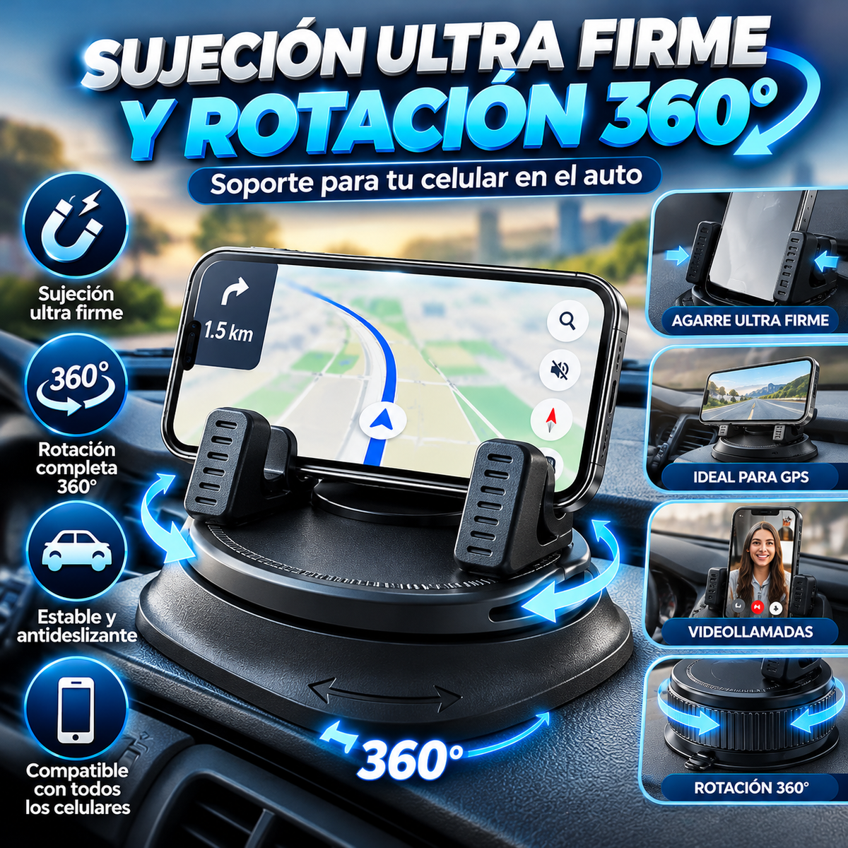 Soporte de Celular para Auto 360° – Base Antideslizante, Firme y Sin Instalación